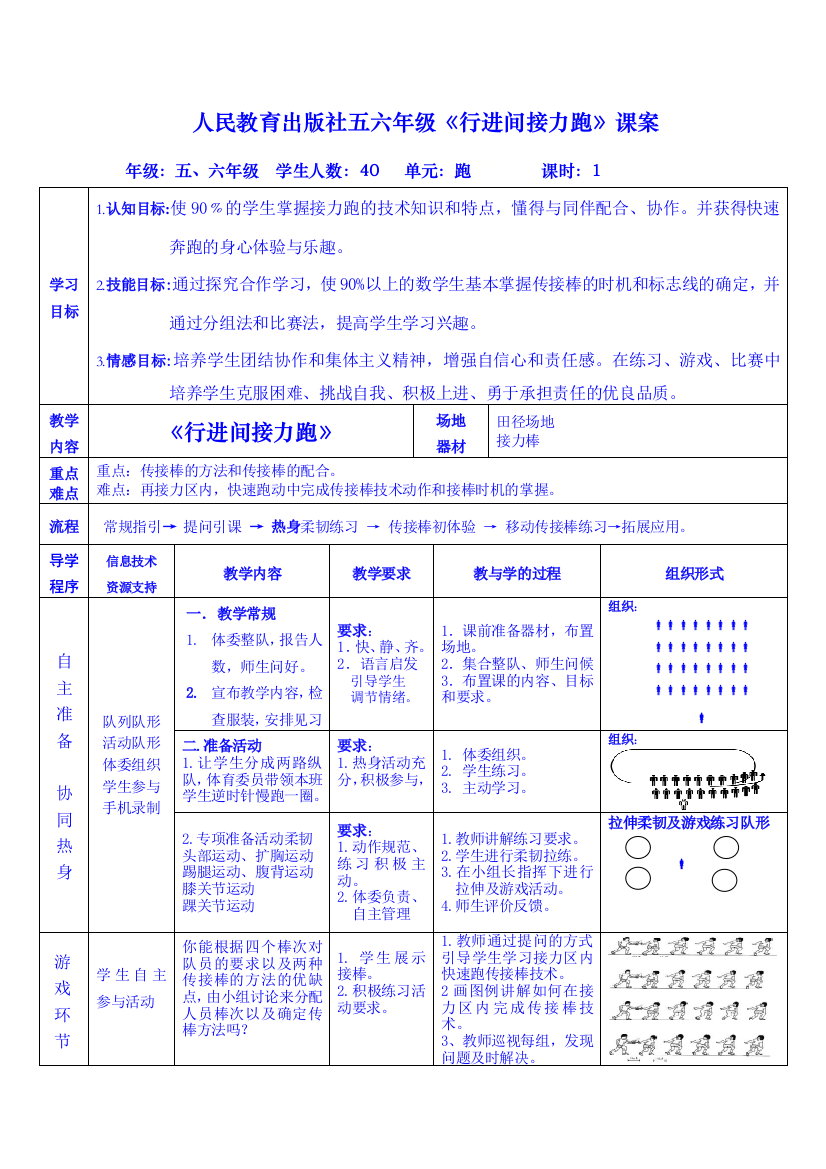 精体育与健康五六年级全一册教案-行进间接力跑人教版