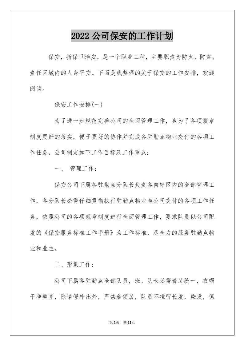 2022公司保安的工作计划