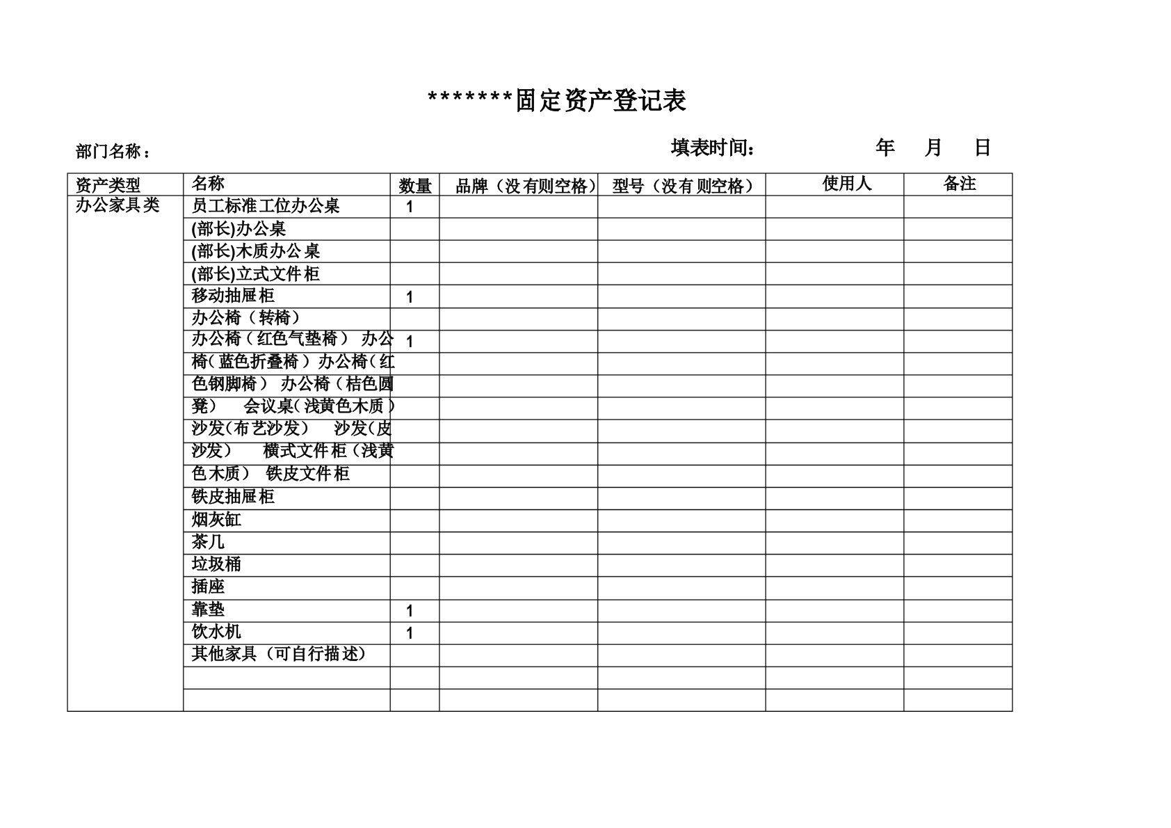 《公司固定资产登记表》