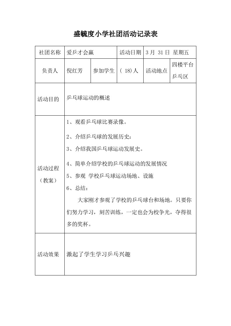 盛毓度小学社团活动记录表