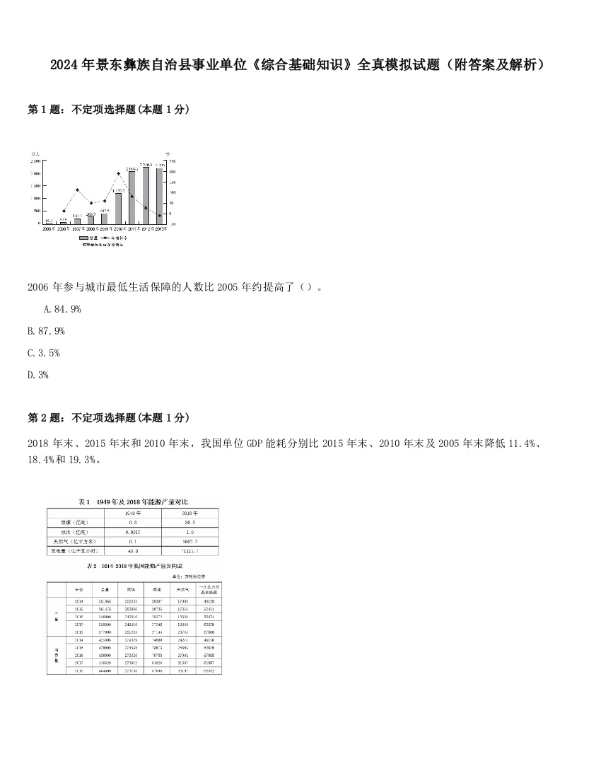 2024年景东彝族自治县事业单位《综合基础知识》全真模拟试题（附答案及解析）