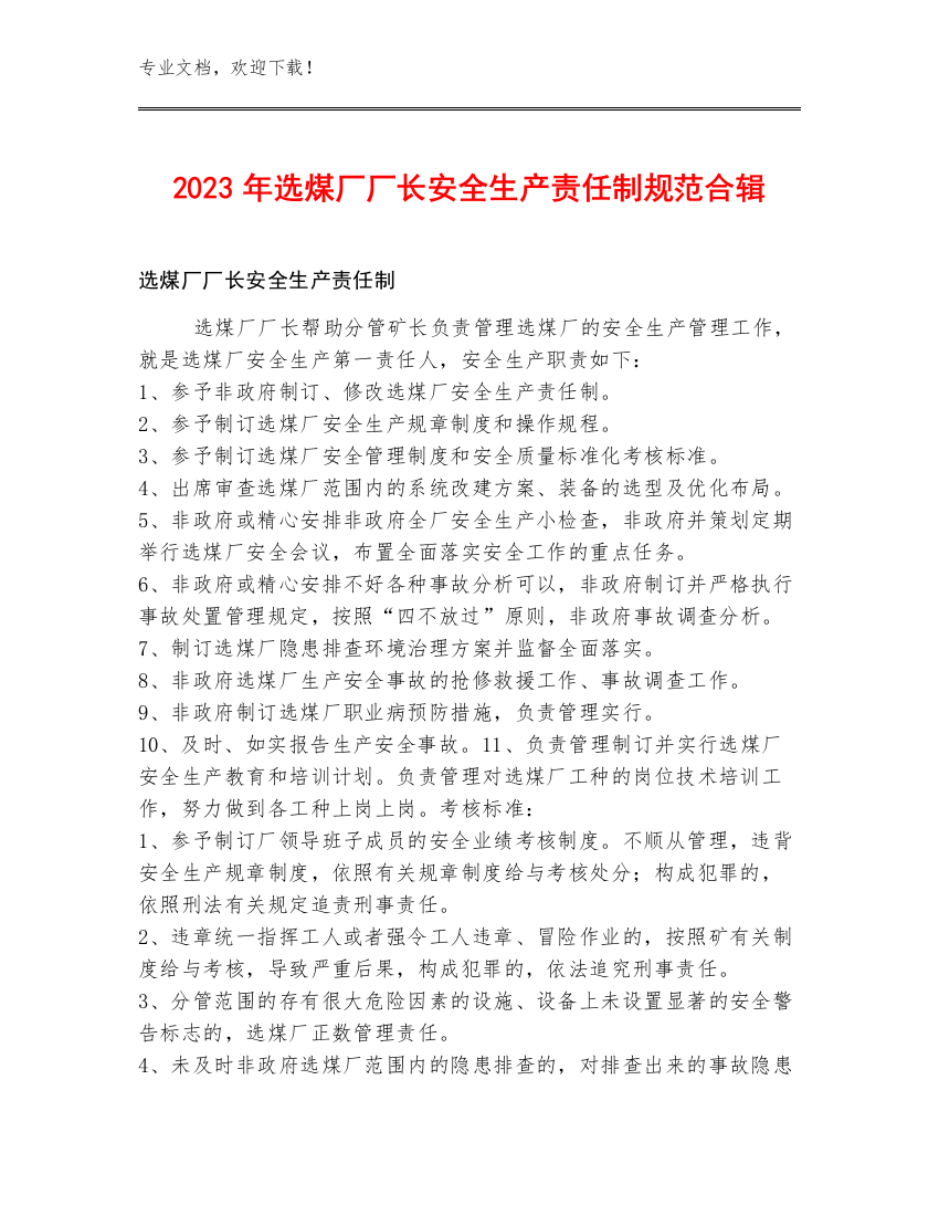 2023年选煤厂厂长安全生产责任制规范合辑