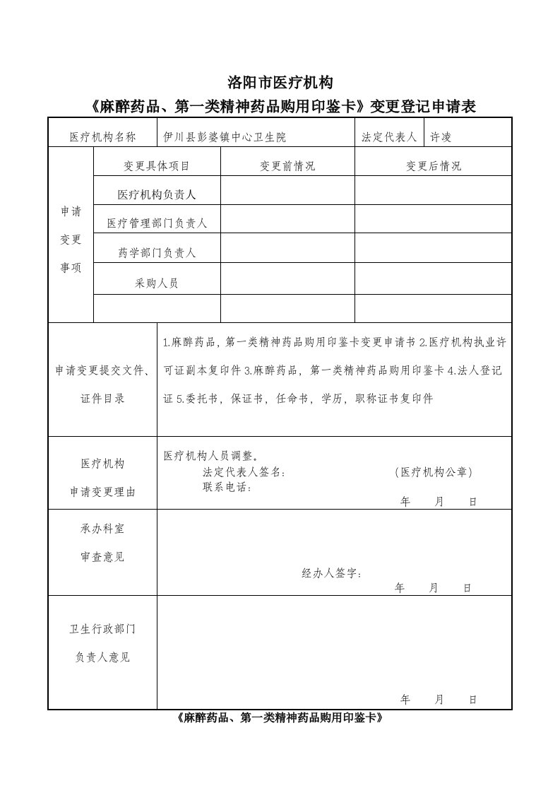 《麻醉药品、第一类精神药品购用印鉴卡》变更登记申请表