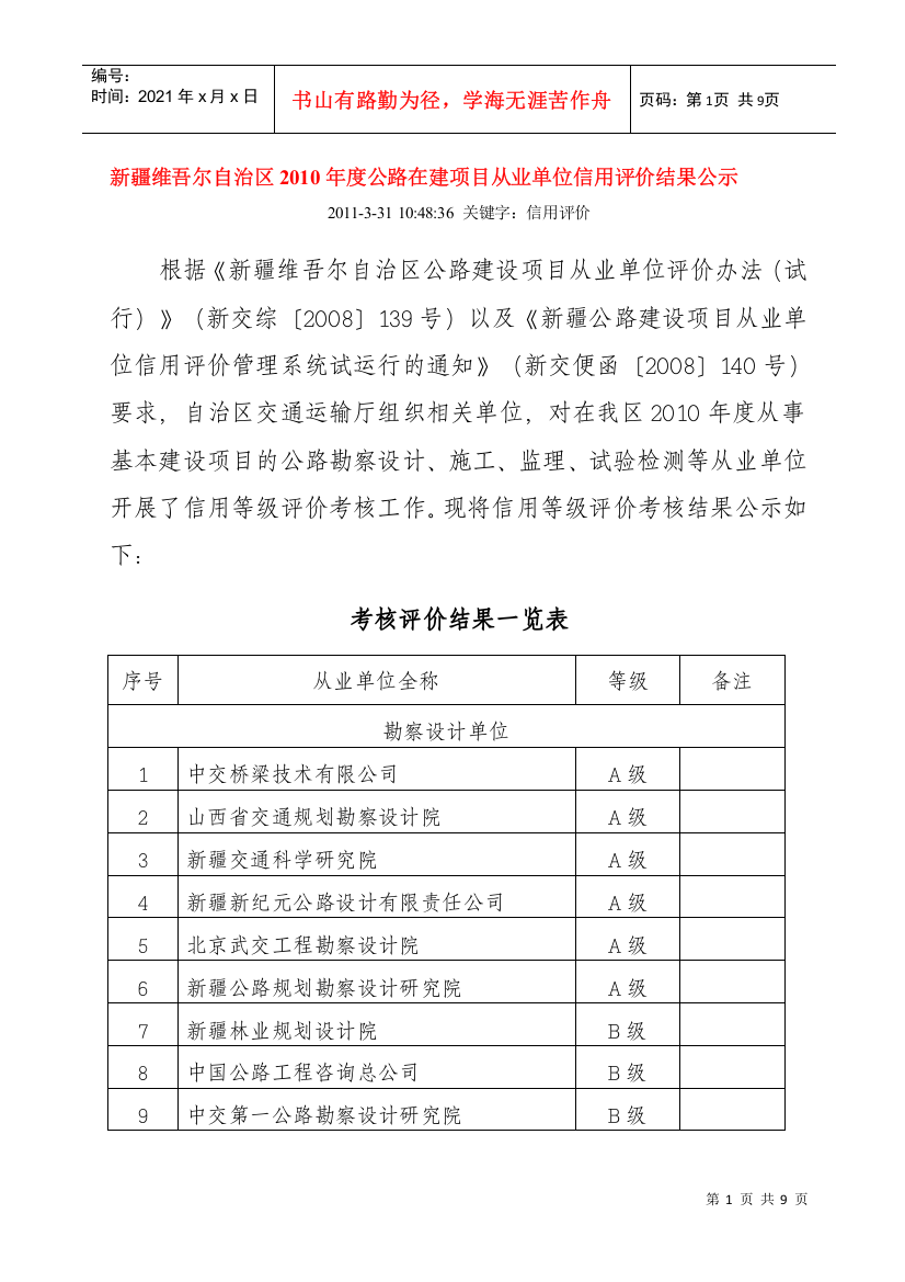 新疆维吾尔自治区XXXX年度公路在建项目从业单位信用评价结果公示