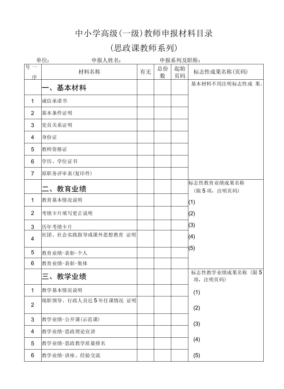 中小学高级（一级）教师申报材料目录