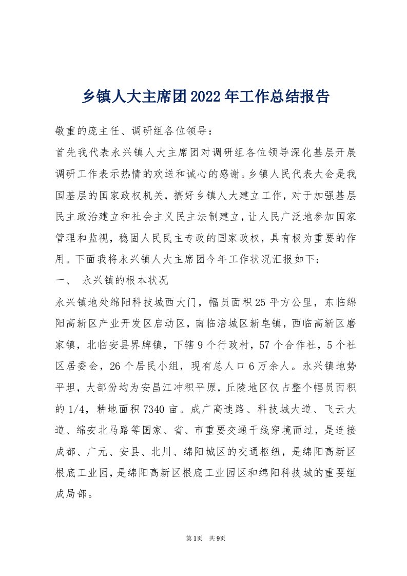 乡镇人大主席团2022年工作总结报告