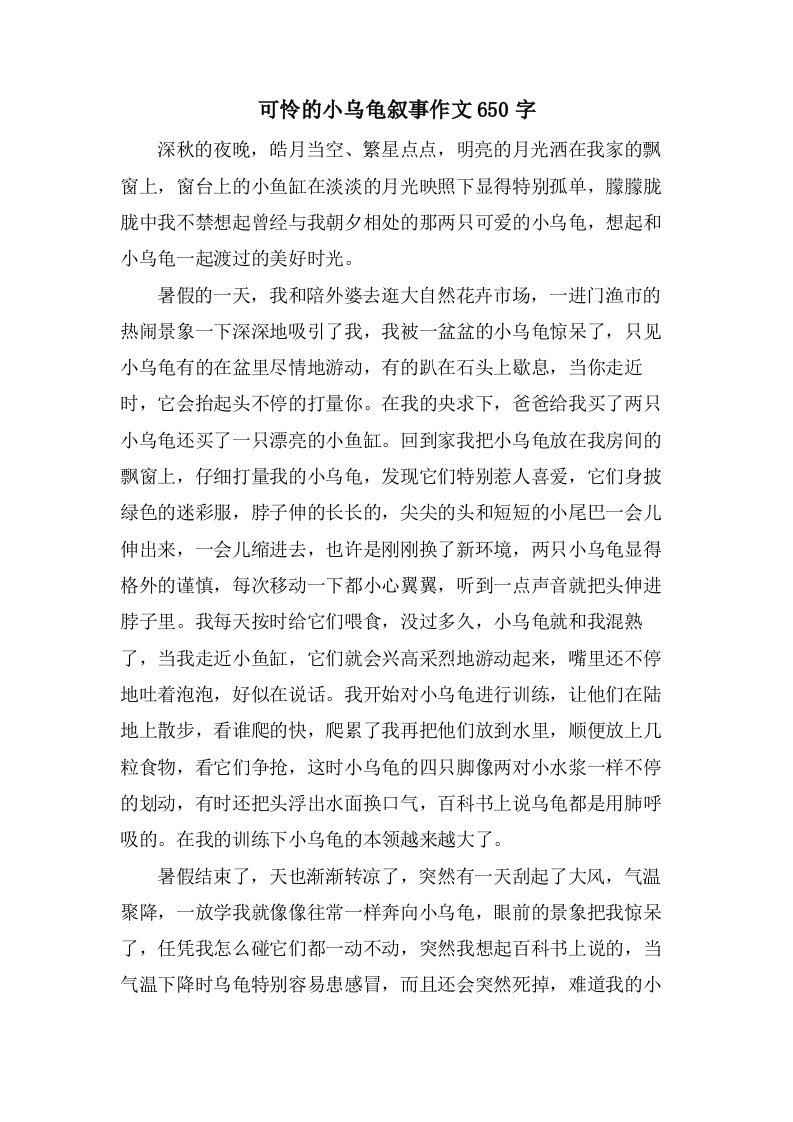 可怜的小乌龟叙事作文650字