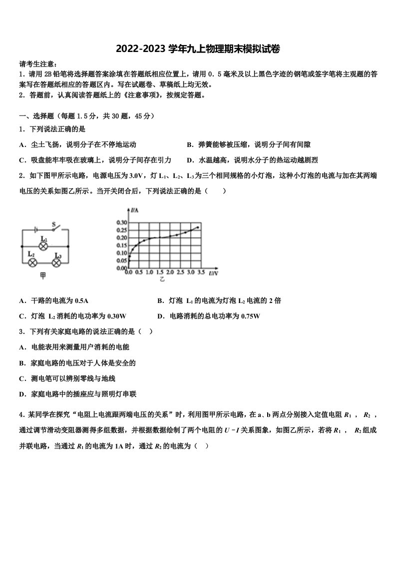 2023届济南市莱芜地区物理九年级第一学期期末学业水平测试模拟试题含解析