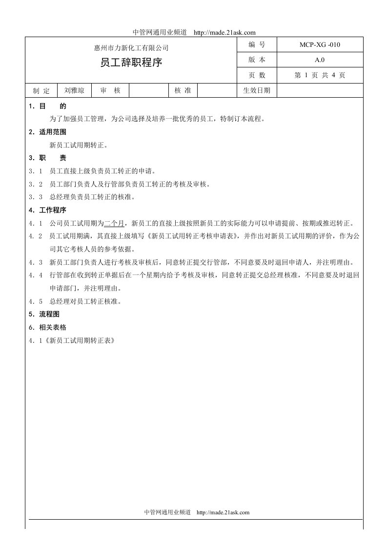 《惠州市力新化工公司员工辞职程序》(doc)-石油化工