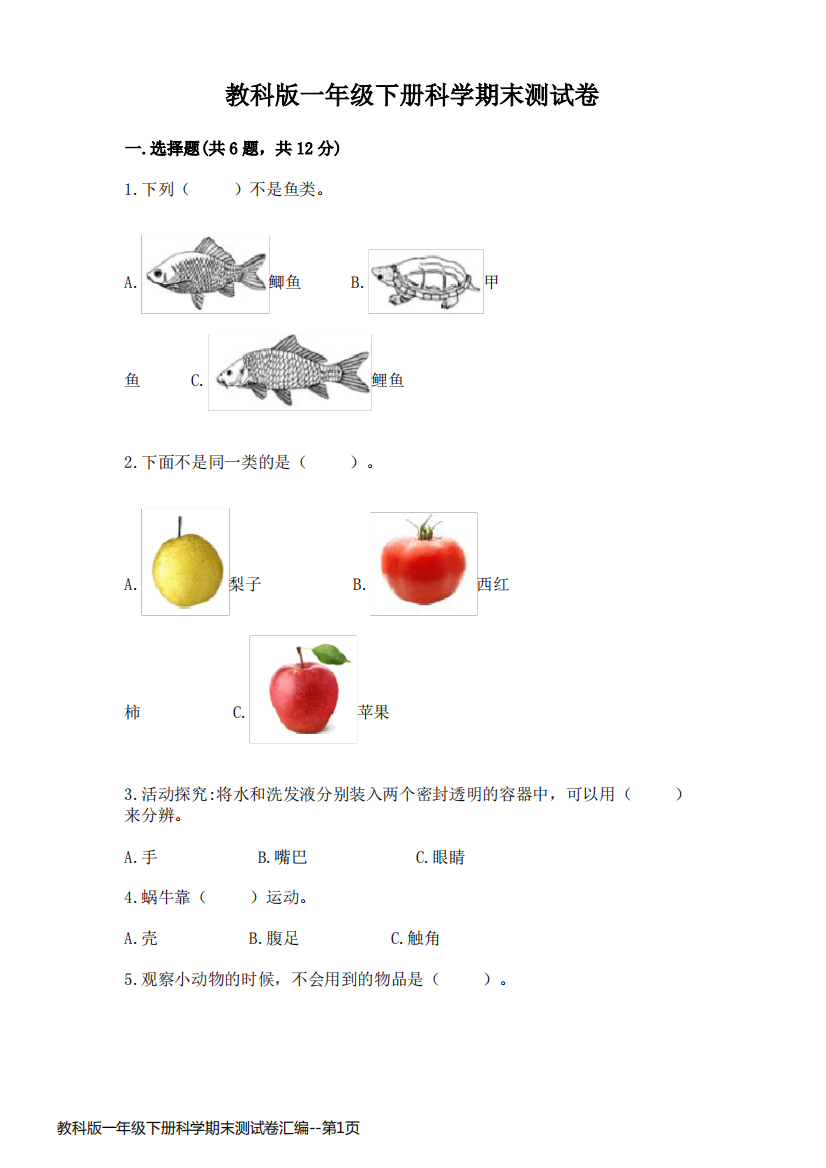 教科版一年级下册科学期末测试卷汇编