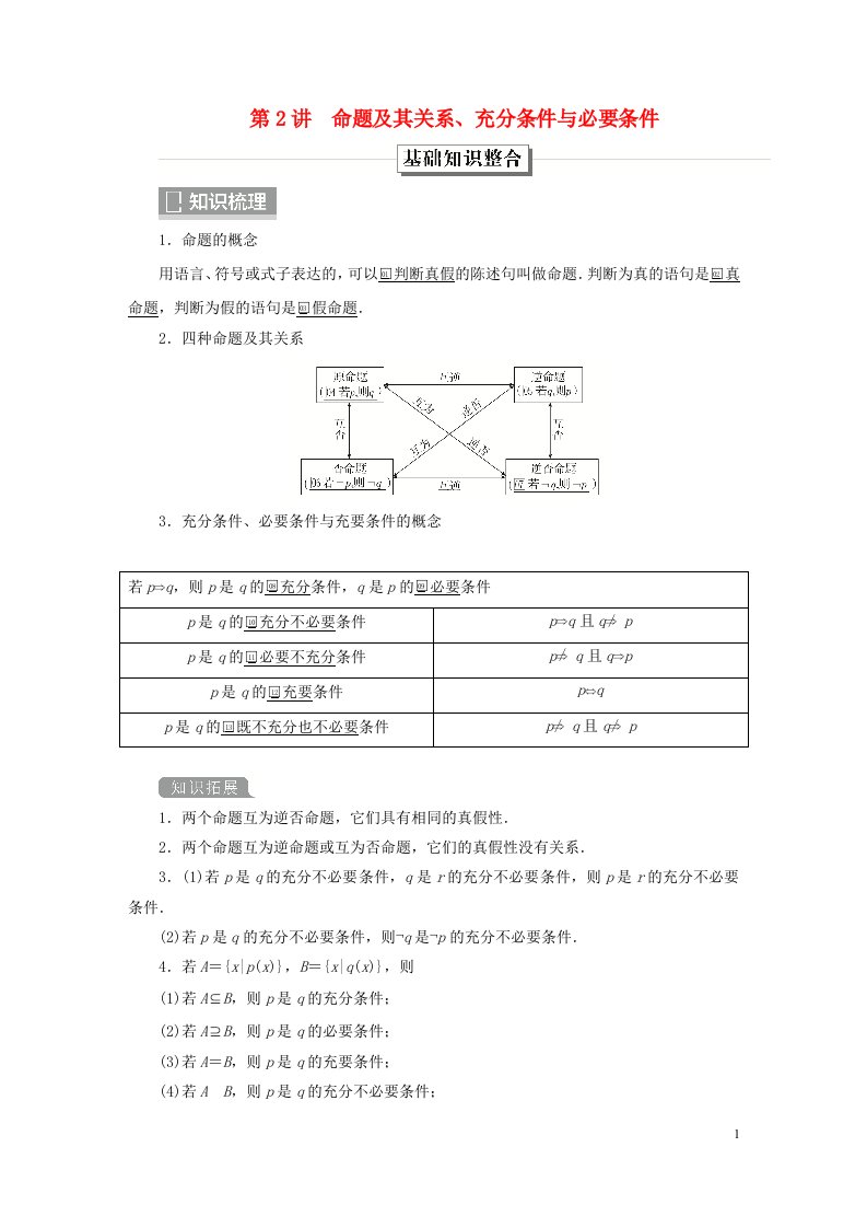 旧教材适用2023高考数学一轮总复习第一章集合与常用逻辑用语第2讲命题及其关系充分条件与必要条件