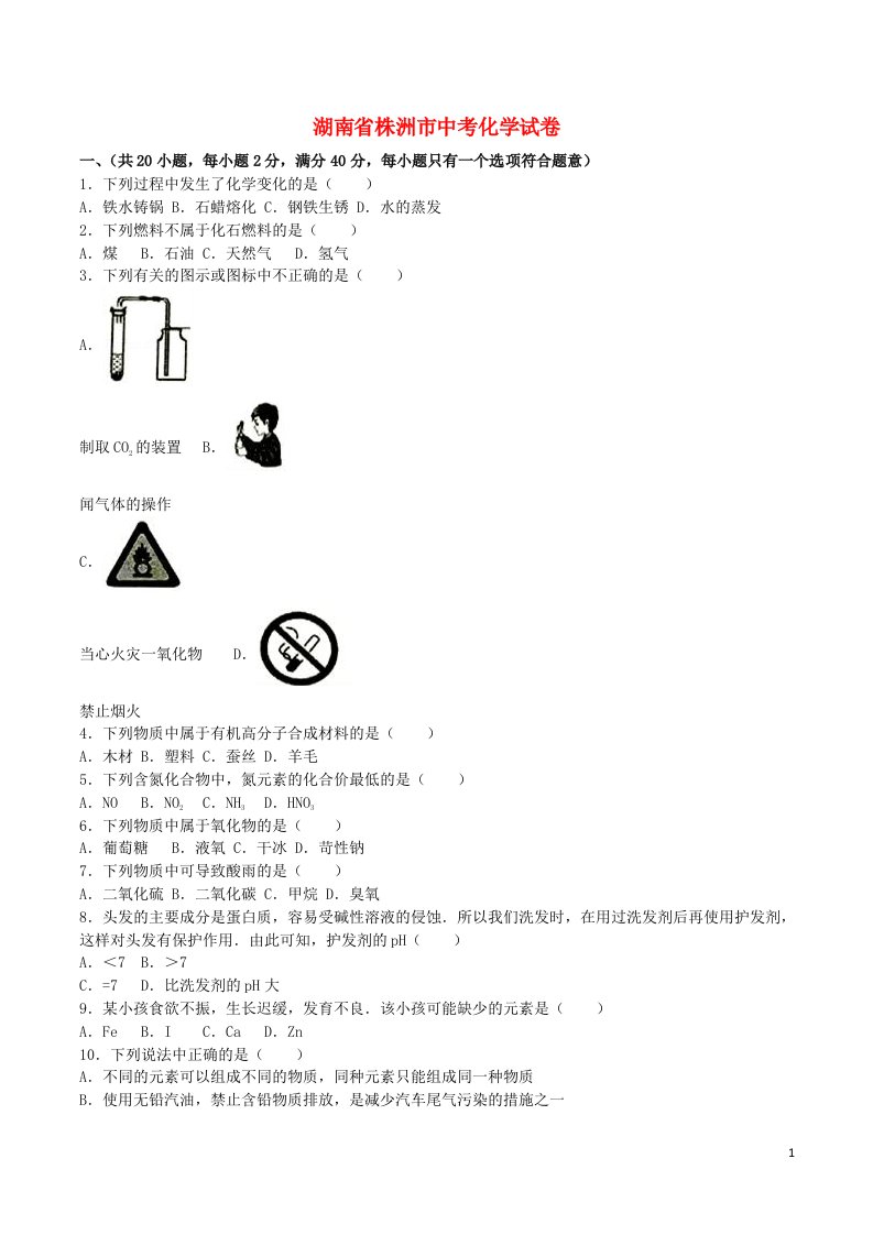 湖南省株洲市中考化学真题试题（含解析）