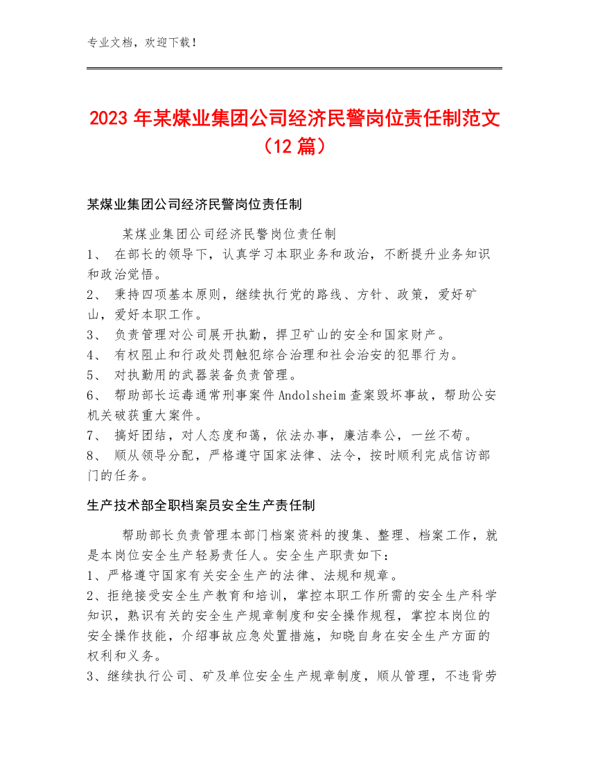 2023年某煤业集团公司经济民警岗位责任制范文（12篇）