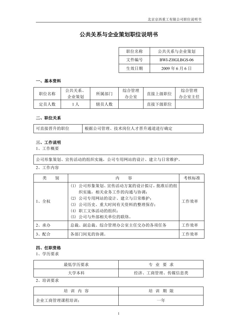 精选公共关系与企业策划职位说明书