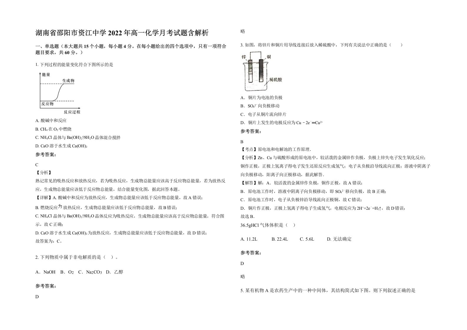 湖南省邵阳市资江中学2022年高一化学月考试题含解析