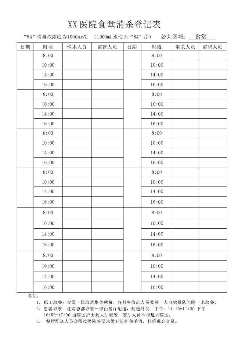 食堂消杀登记表