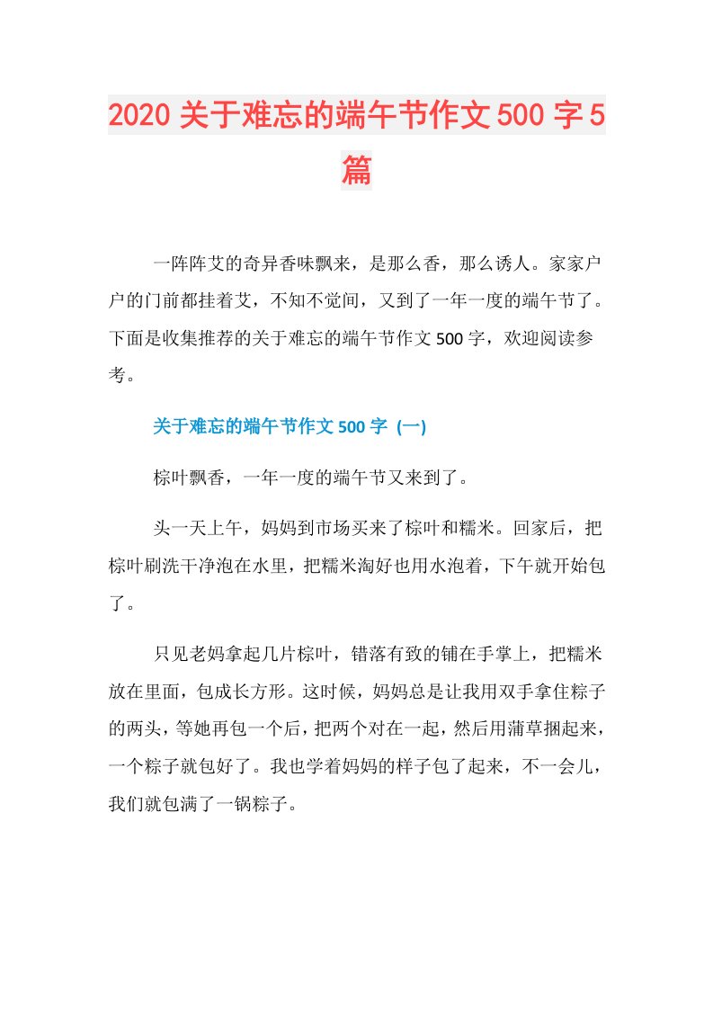 关于难忘的端午节作文500字5篇