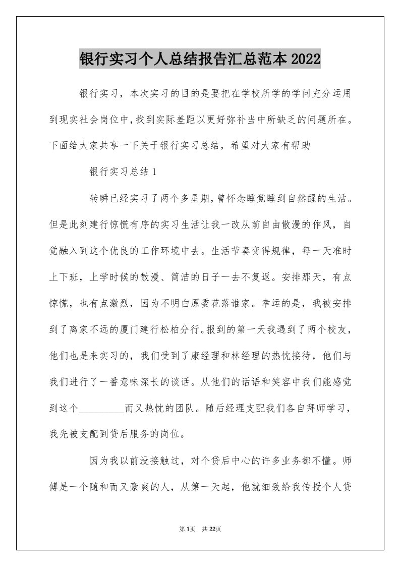 银行实习个人总结报告汇总范本2022