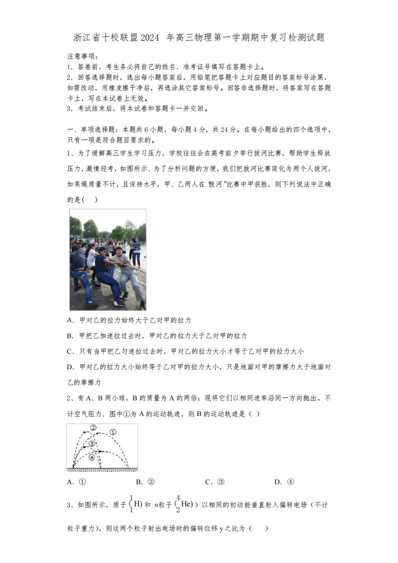 浙江省十校联盟2024年高三物理第一学期期中复习检测试题含解析