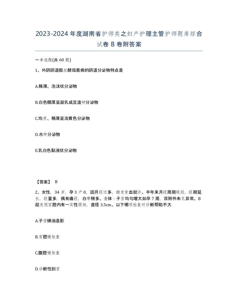 2023-2024年度湖南省护师类之妇产护理主管护师题库综合试卷B卷附答案