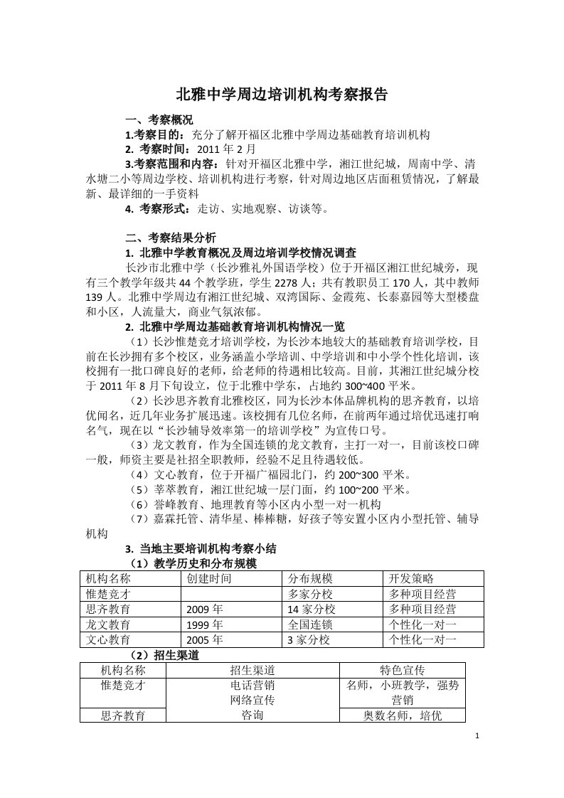 北雅中学周边培训机构考察报告