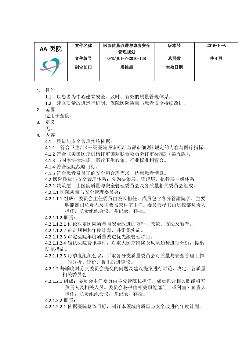 医院质量改进与患者安全管理规划