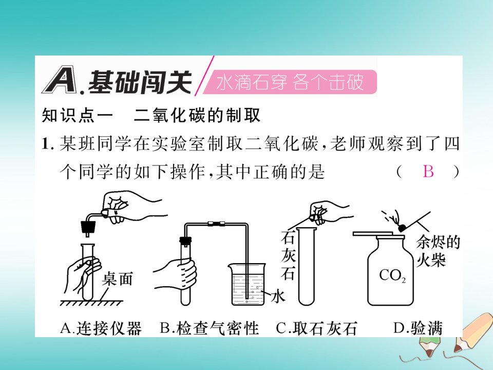 秋九年级化学上册第6单元碳和碳的氧化物实验活动2二氧化碳的实验室制取与性质作业课件新版新人教版