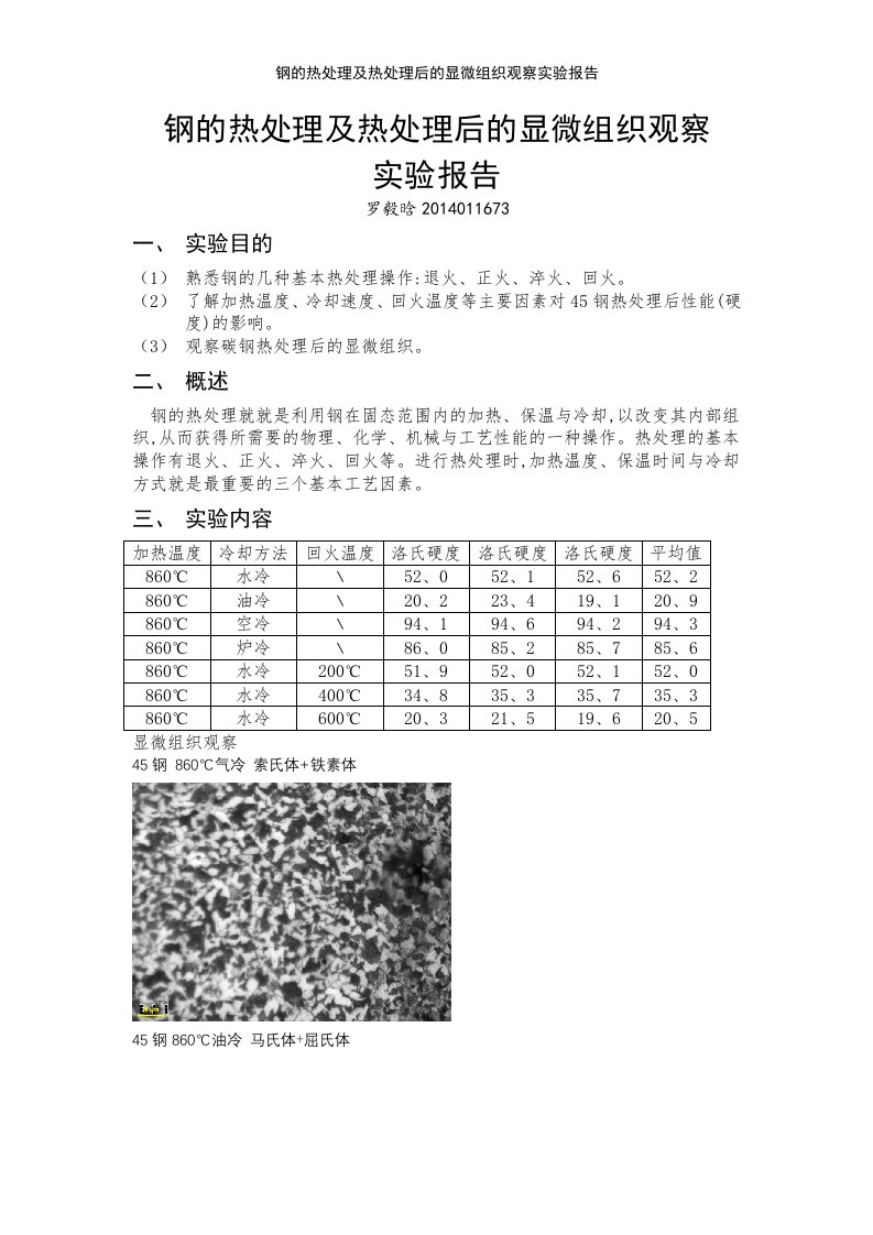 钢的热处理及热处理后的显微组织观察实验报告