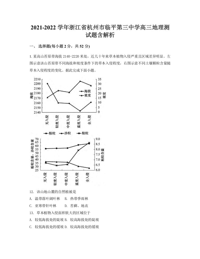 2021-2022学年浙江省杭州市临平第三中学高三地理测试题含解析