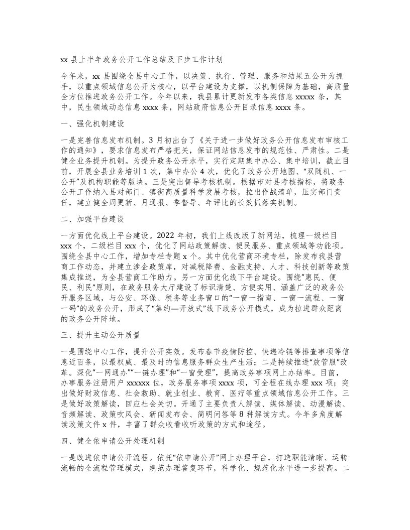 县上半年政务公开工作总结及下步工作计划