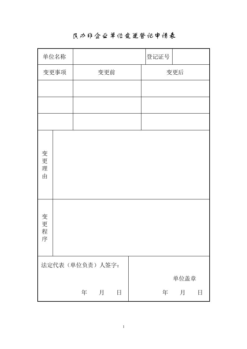 民办非企业单位变更登记申请表