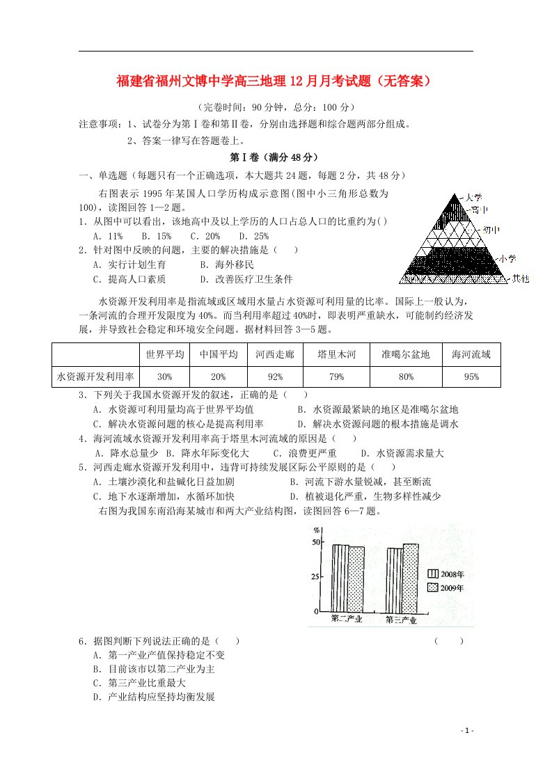 福建省福州文博中学高三地理12月月考试题（无答案）