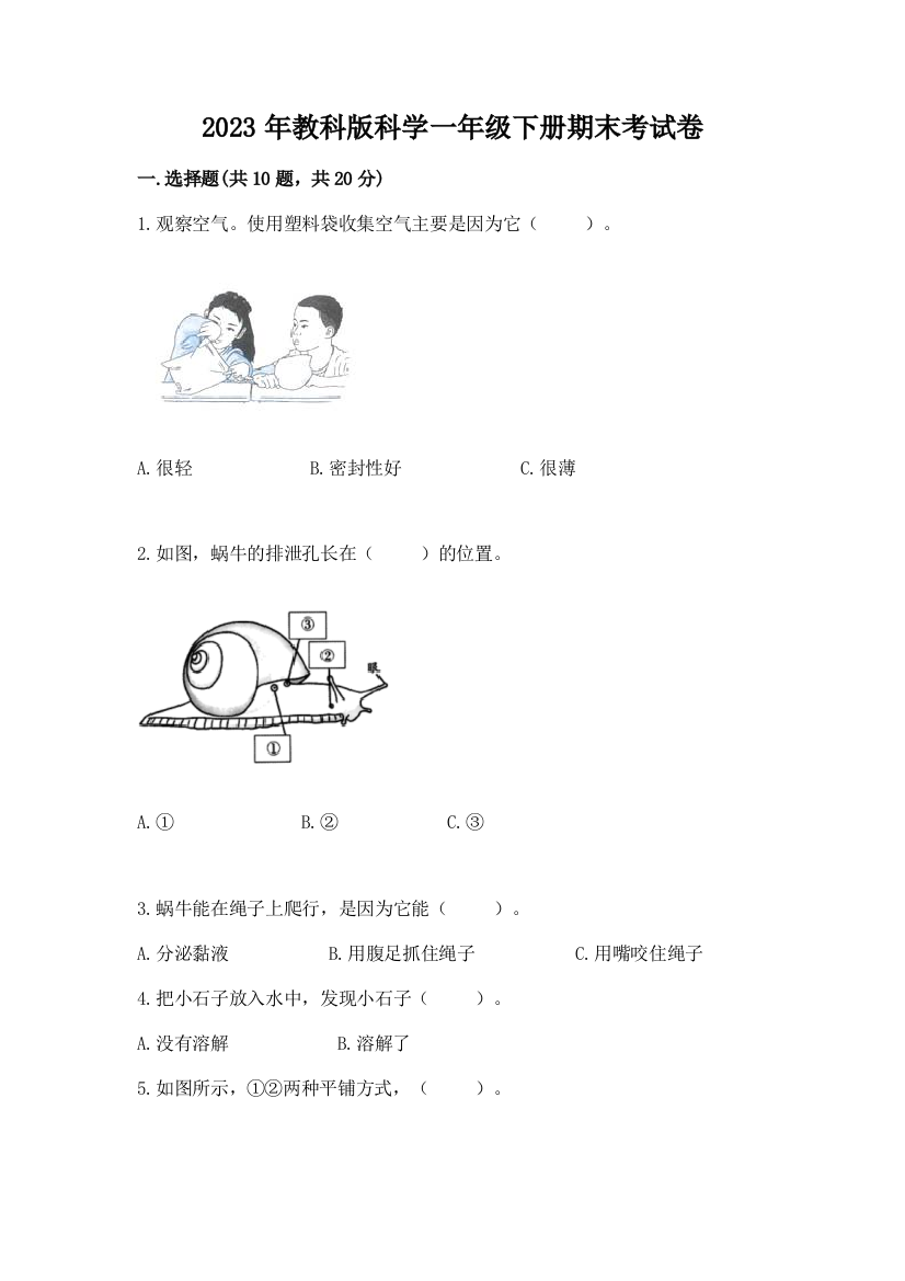 2023年教科版科学一年级下册期末考试卷及参考答案（新）