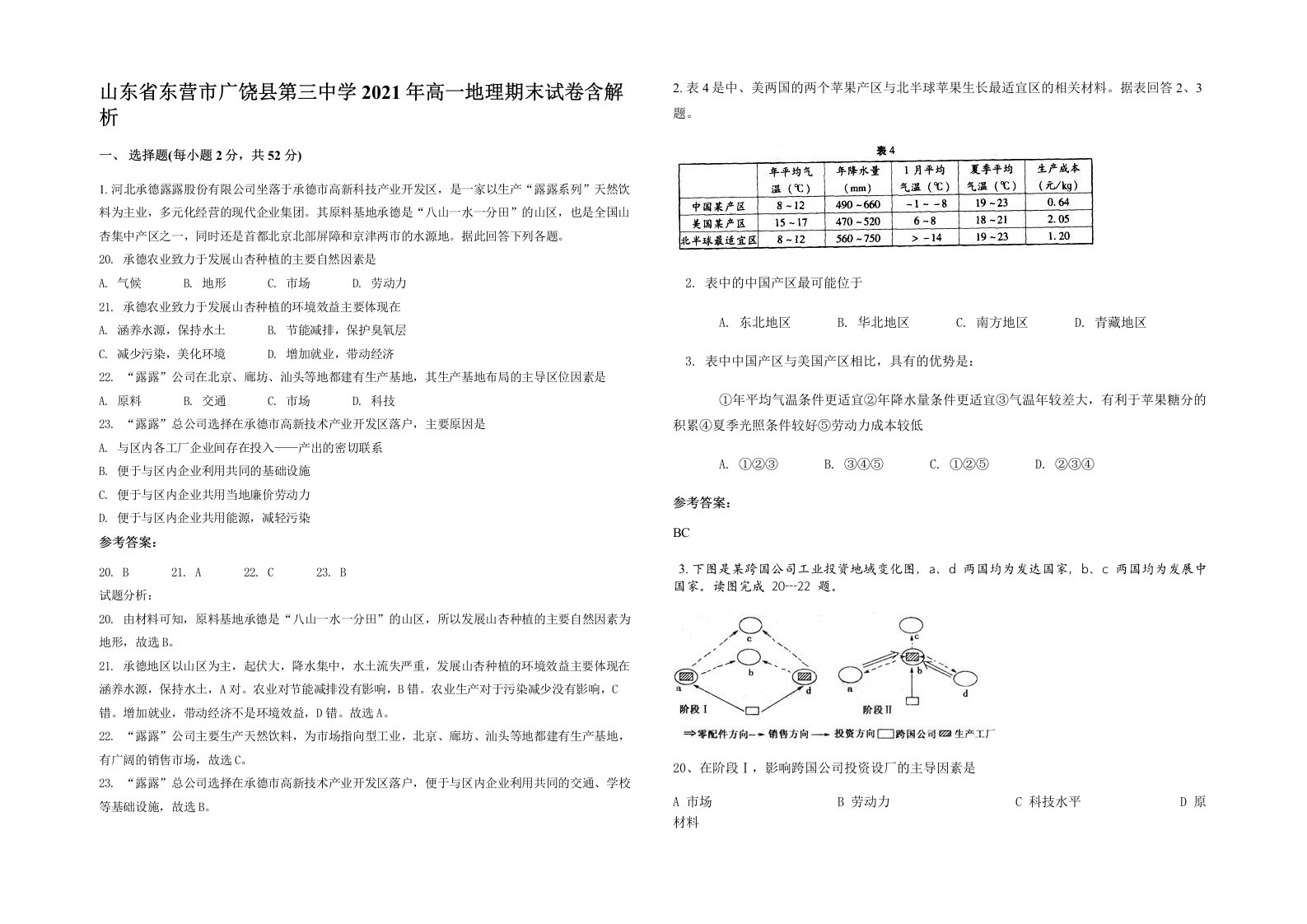 山东省东营市广饶县第三中学2021年高一地理期末试卷含解析