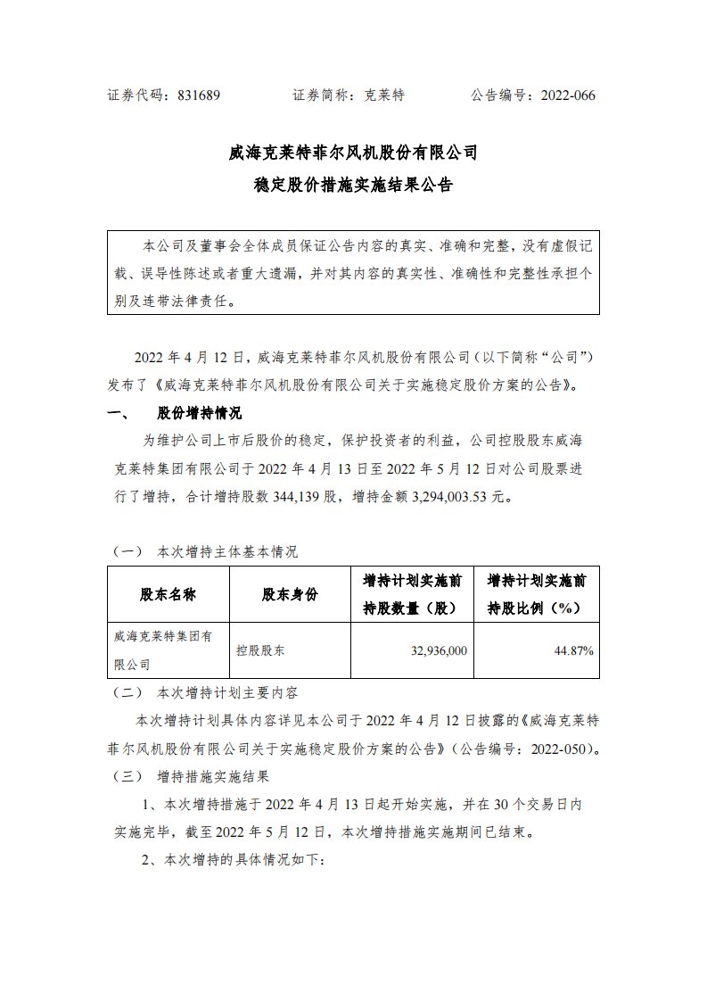 北交所-[临时公告]克莱特:稳定股价措施实施结果公告-20220513