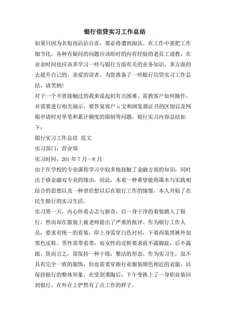 银行信贷实习工作总结