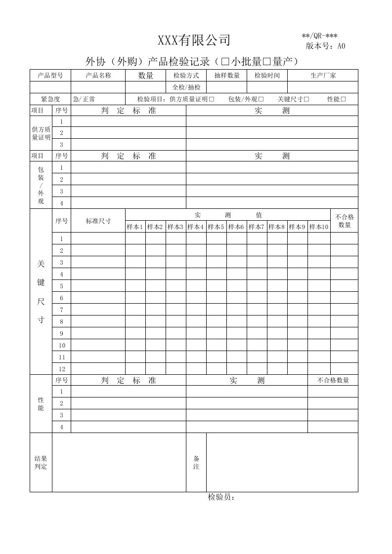 外协(外购）产品检验记录