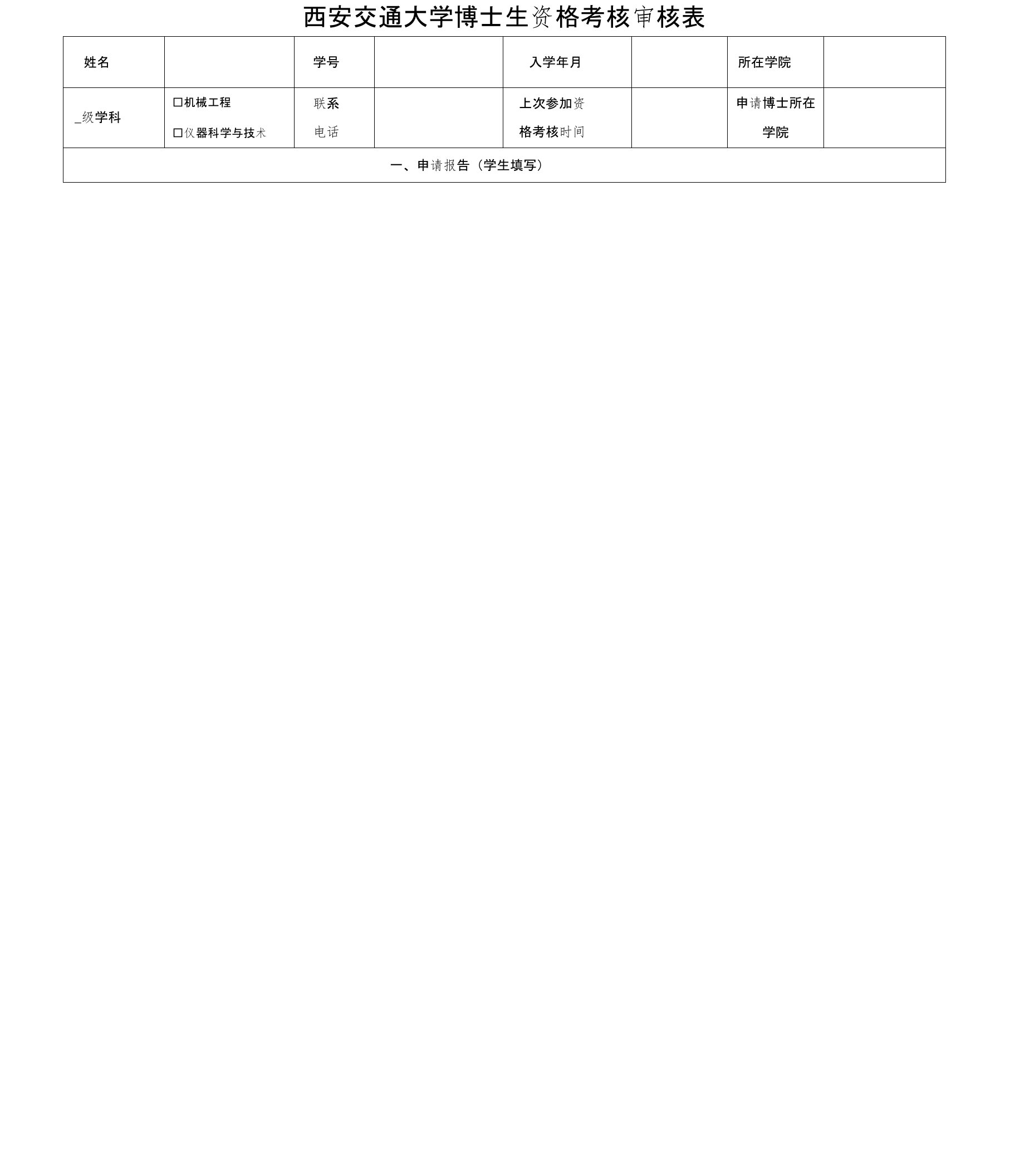 西安交通大学博士生资格考核审核表