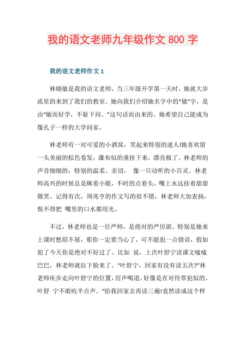 我的语文老师九年级作文800字