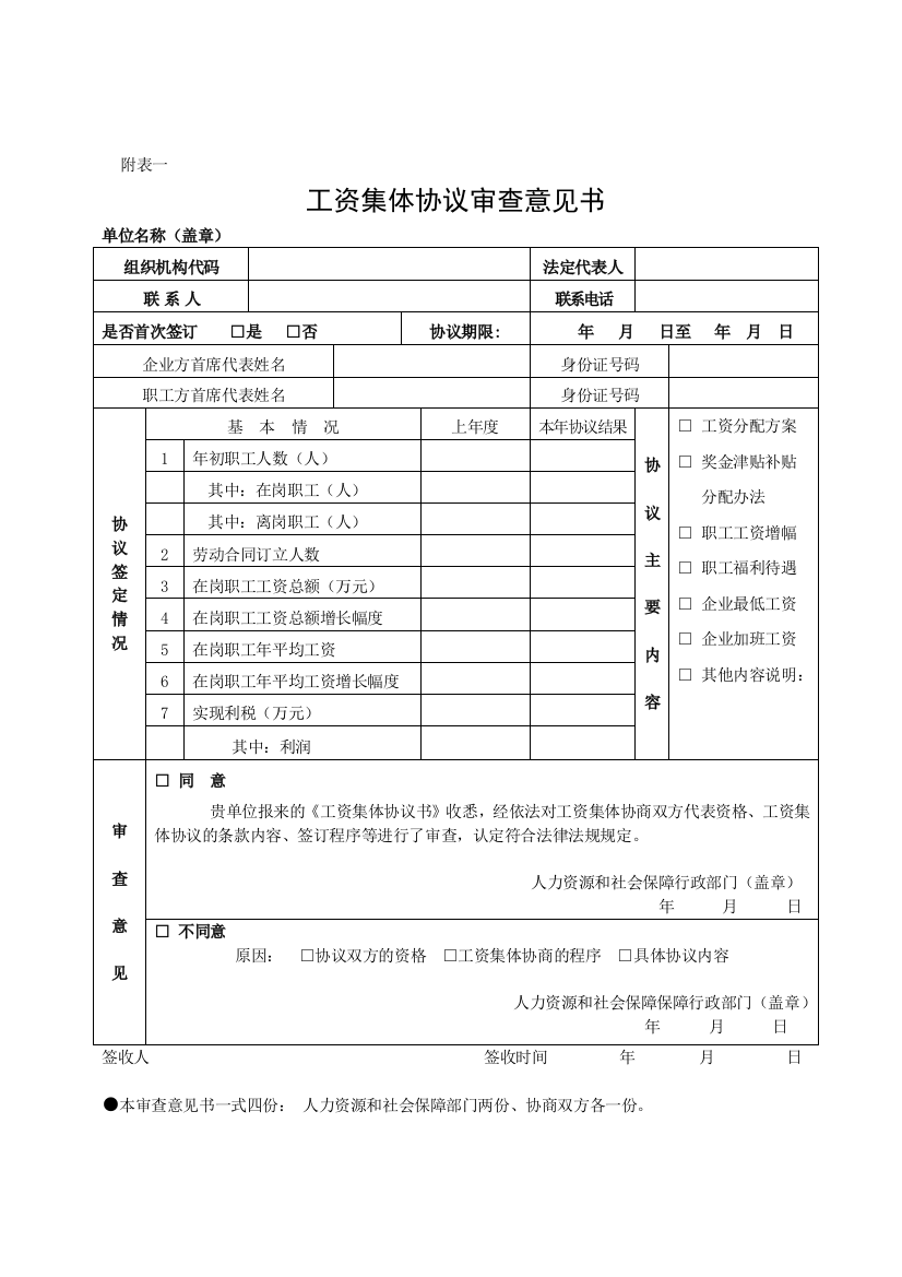 工资集体协议审查意见书