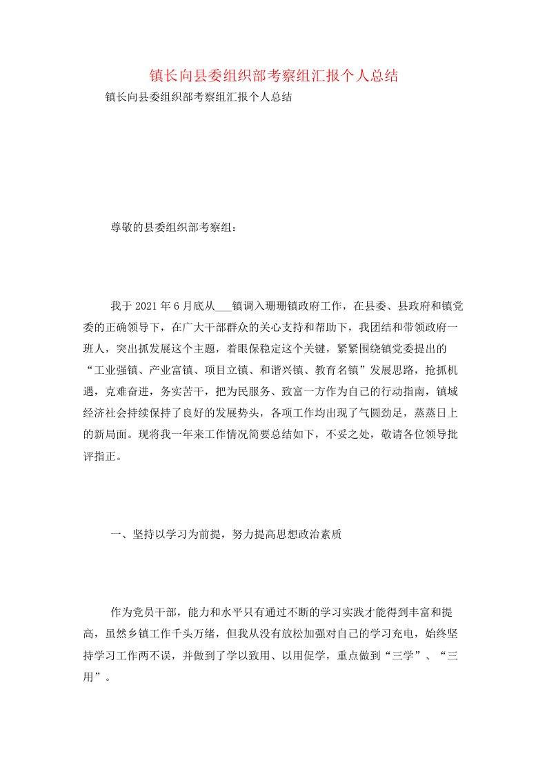 镇长向县委组织部考察组汇报个人总结