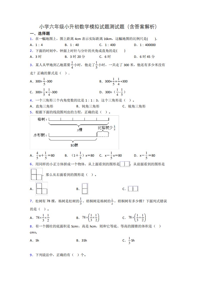 小学六年级小升初数学模拟试题测试题(含答案解析)