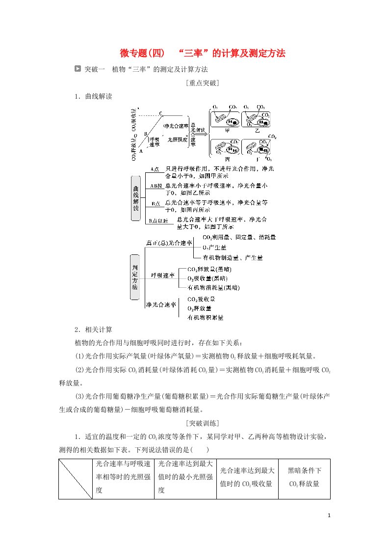 2022年新教材高考生物一轮复习第三单元细胞的能量供应和利用微专题四“三率”的计算及测定方法学案新人教版