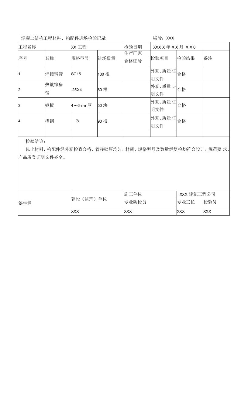 混凝土结构工程材料、构配件进场检验记录