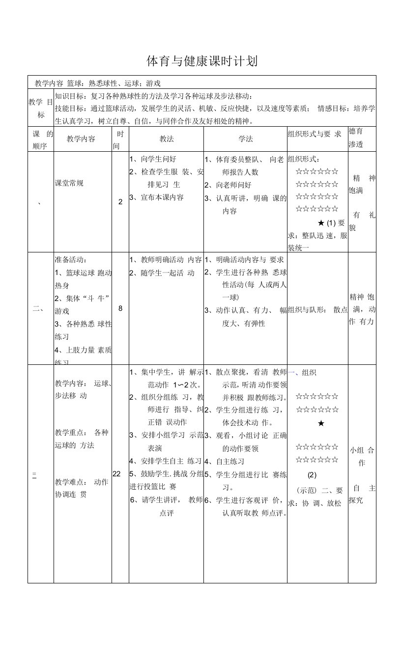 篮球熟悉球性运球；游戏教案-高一上学期体育与健康人教版