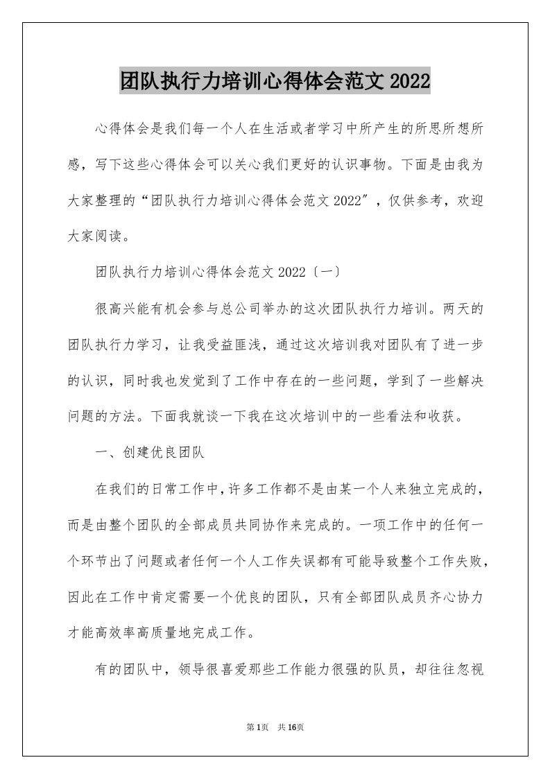 团队执行力培训心得体会范文2022