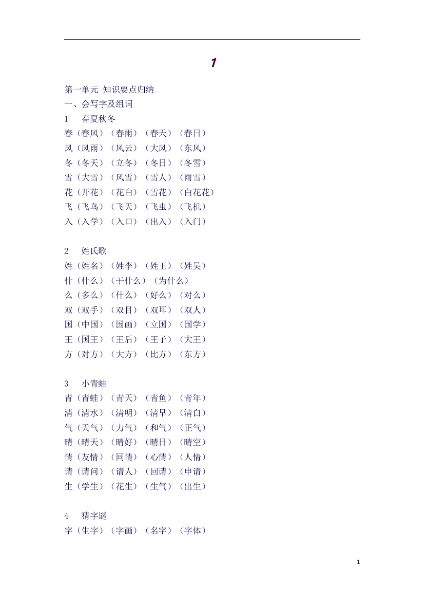 (精品word)新人教版一年级下知识点归纳(良心出品必属精品)