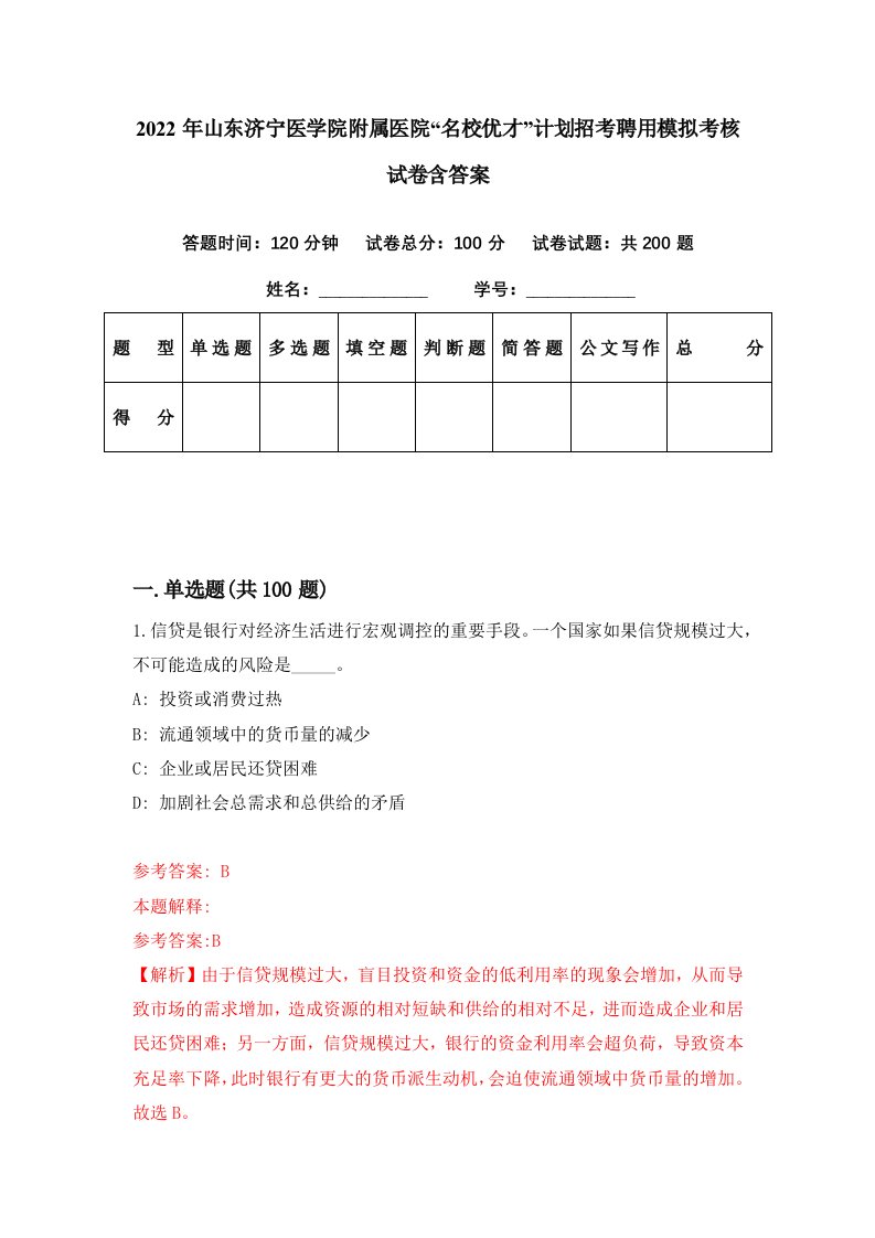 2022年山东济宁医学院附属医院名校优才计划招考聘用模拟考核试卷含答案1