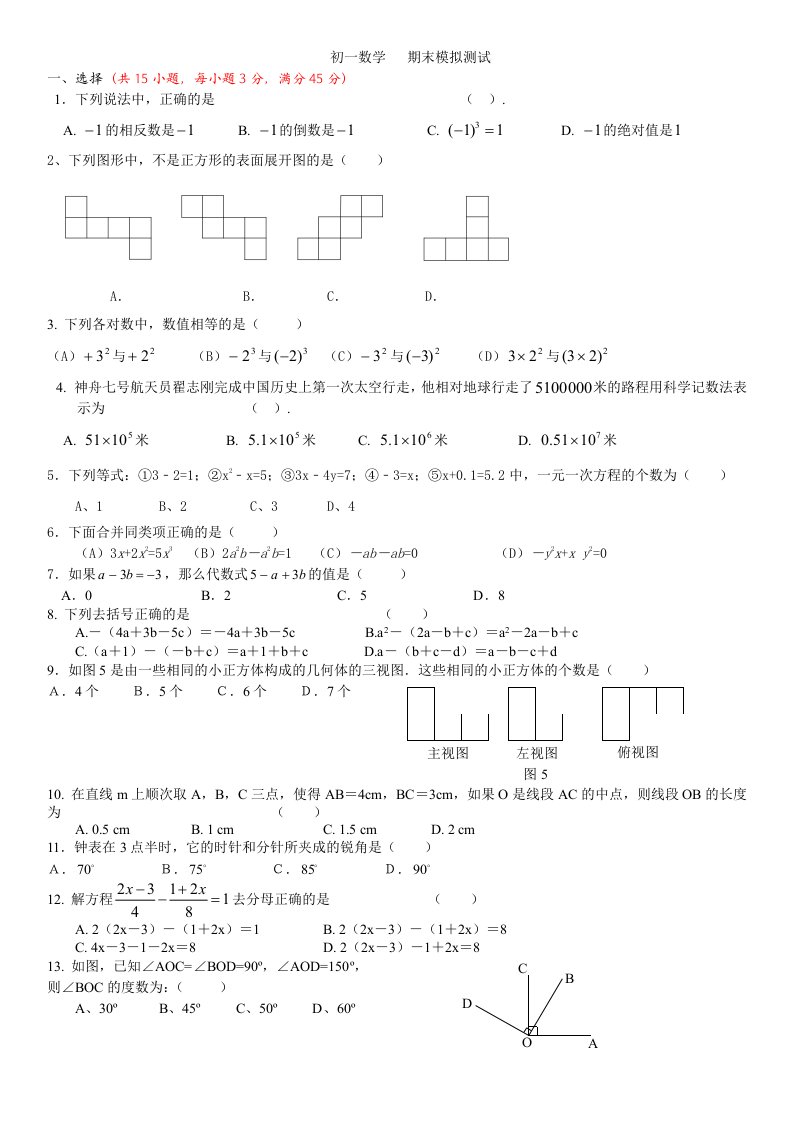 初一上学期   数学模拟