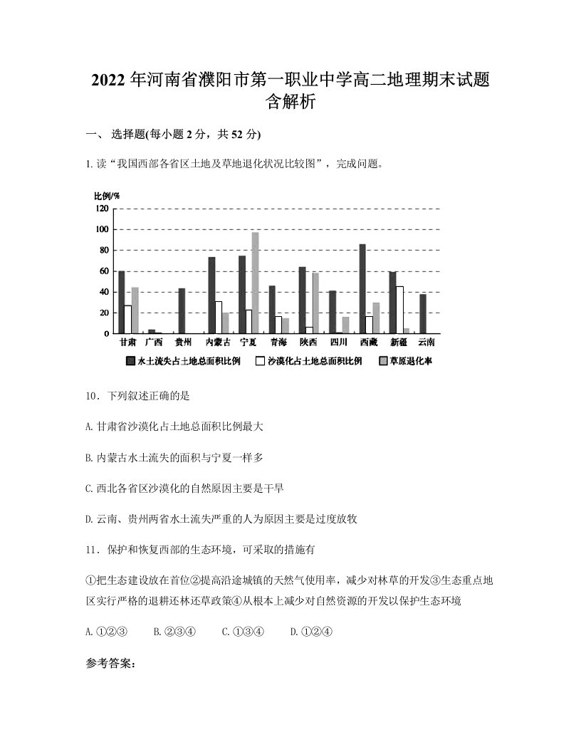 2022年河南省濮阳市第一职业中学高二地理期末试题含解析